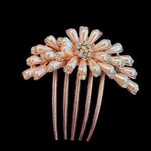 Faux Pearl & Rhinestone Gold Tone Hair Comb For Buns.